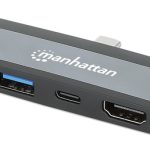 MANHATTAN USB-C PD 4-in-1 Mobile Dockingstation 100W HDMI 4K30Hz USB-A 10 Gbit/s 3,5mm Klinke Passthrough-Ladeanschluss Aluminium