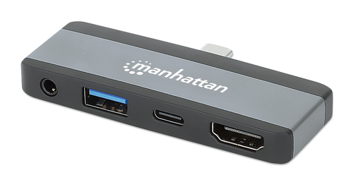 ALS-47763180-a07e510b8981bf00 MANHATTAN USB-C PD 4-in-1 Mobile Dockingstation 100W HDMI 4K30Hz USB-A 10 Gbit/s 3,5mm Klinke Passthrough-Ladeanschluss Aluminium – Bild 1