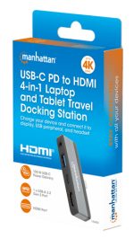 MANHATTAN USB-C PD 4-in-1 Mobile Dockingstation 100W HDMI 4K30Hz USB-A 10 Gbit/s 3,5mm Klinke Passthrough-Ladeanschluss Aluminium – Bild 3