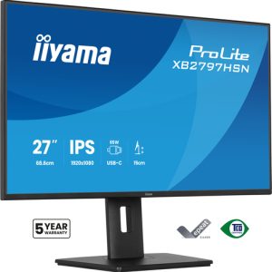 IIYAMA XB2797HSN-B1 68,58cm 27Zoll IPS-panel 1920x1080 USB-C Dock LAN/65W PD/DP-OUT 15cm Height Adj. Stand 1ms 350cd/m