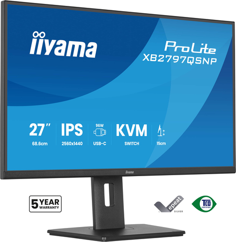 ALS-48519860-92abb95f035f8759 IIYAMA XB2797QSNP-B1 68,58cm 27Zoll IPS-panel 2560x1440 EyeComfort 15cm Height Adj. Stand USB-C Dock LAN/96W PD/DP-OUT USB v.3.2 1ms – Bild 1