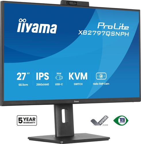 ALS-48640850-be23fe9000055494 IIYAMA 68,58cm 27Zoll IPS-panel 2560x1440 EyeComfort 15cm Height Adj. Stand USB-C Dock LAN/96W PD/DP-OUT Webcam 5MP Windows Hello – Bild 1